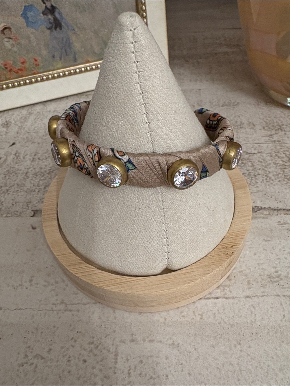 Anthropologie Beige Floral Wrapped Bracelet with Crystal Accents